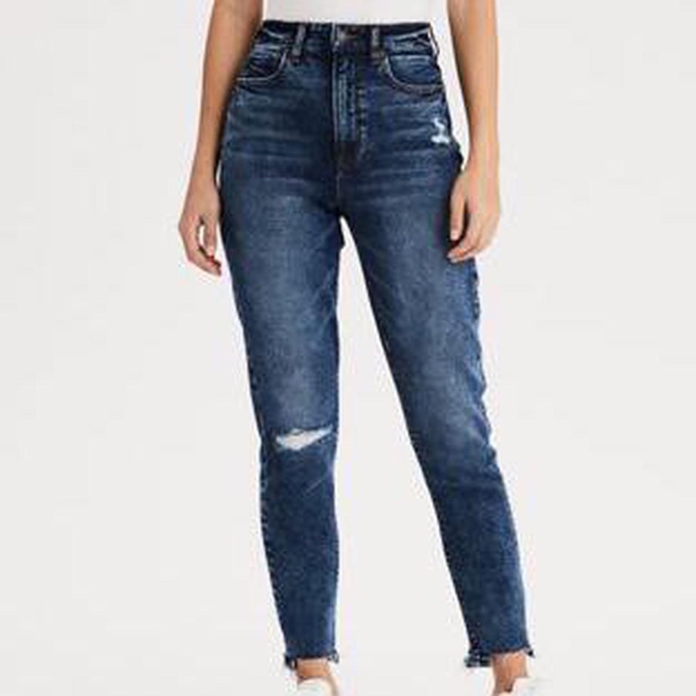 American Eagle extra long stretchy distressed tapered denim with rips